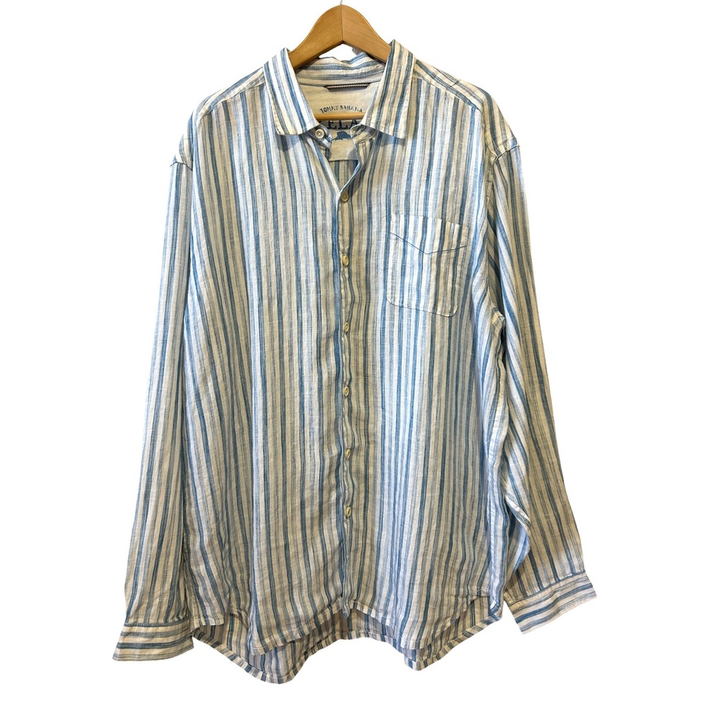 Tommy Bahama Mens Button Down Sz XL Blue Striped Linen Relax Shirt Beach Coastal - Picture 1 of 9